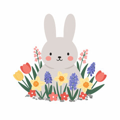 Cute Flat Illustration Bunny Surrounded by Spring Flowers Decoration