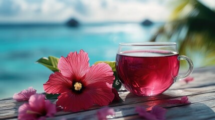 Savor a refreshing hibiscus tea with a stunning ocean view, perfect for a tropical getaway, wellness retreat, or serene vacation moment, promising relaxation and rejuvenation