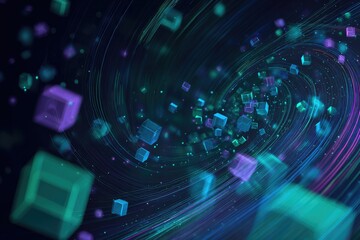 Abstract digital artwork showcasing a swirling vortex filled with floating, translucent cubes of color