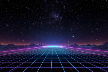A neon grid road stretches to a bright horizon under a starry night. Abstract digital art