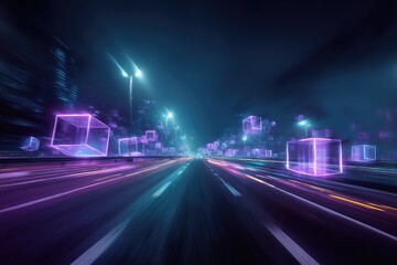 Obraz premium Futuristic, high-speed, long-exposure view down a highway with neon, floating, transparent cubes