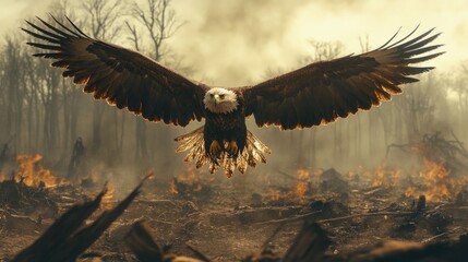 Powerful bald eagle soars above a landscape of fire, a symbol of resilience and strength, perfect for conveying environmental awareness or messages of hope in challenging times