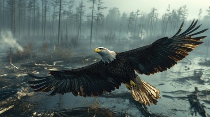 Majestic bald eagle soars over misty wetlands, a powerful symbol of freedom and resilience in a stark environment that inspires awe and represents nature's enduring spirit