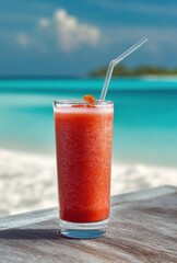 Obraz premium A watermelon juice in an clear glass with straw on the beach