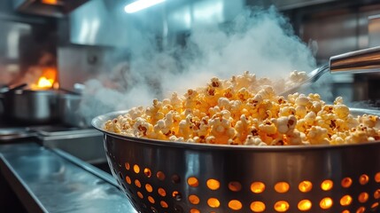 Steaming bowl of freshly popped popcorn ready to enjoy at the movie theater, perfect for a snack advertisement or a cozy night in, creating a feeling of comfort and indulgence