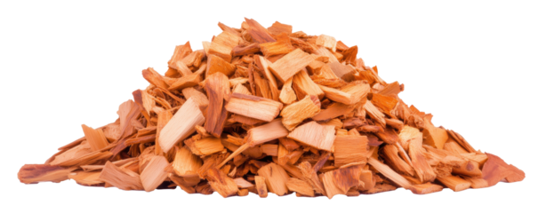 Pile of large dry wood chips, natural texture, isolated on a transparent background.