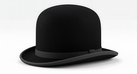 Classic Black Bowler Hat with Ribbon on White Background