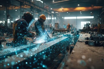 Workers using welding tools inside a industrial factory, light trails appear as technology links