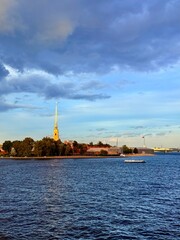 Naklejka premium beautiful cathedral with high spire on the island of the city