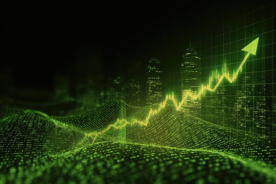 Abstract digital cityscape with green arrow ascending, representing financial growth