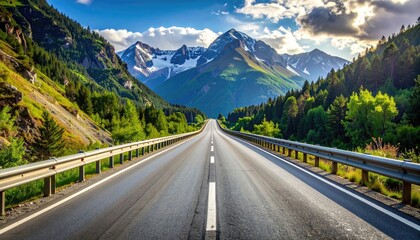 Naklejka premium Scenic Mountain Road with Sunlight Through Trees Asphalt Highway Surrounded by Green Forest Leading to Snow Capped Peaks Under a Bright Sky