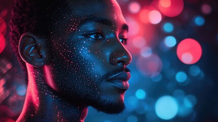 Striking portrait of a man with glowing skin against a vibrant bokeh background, perfect for representing futuristic technology, innovative design, and cutting-edge concepts with style and elegance