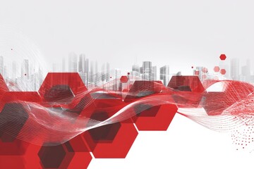 Abstract graphic with red hexagonal shapes, wavy lines, and a blurry cityscape backdrop