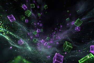 An abstract composition with floating translucent cubes amidst ethereal, glowing nebulas