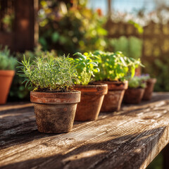 Small clay pots containing young herbs on a wooden table in backyard garden