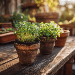 Small clay pots containing young herbs on a wooden table in backyard garden