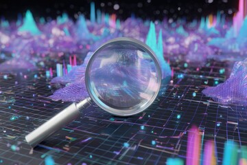 A magnifying glass over a complex 3D-rendered data visualization with digital mountains