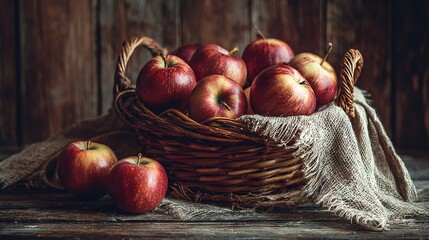   A wicker basket filled with red apples rests atop a wooden table beside a burlap bag of burlock