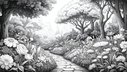 Serene Monochrome Garden Path Landscape.