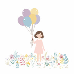 Gentle Pastel Tone Illustration Little Girl Holding Balloons Over Flowers