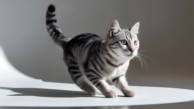 Adorable silver tabby cat with green eyes captured mid-pounce or jump in a bright, dynamic studio setting 4k hd video download
