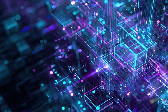 Abstract digital network with glowing neon lines and geometric shapes, futuristic scene - Powered by Adobe