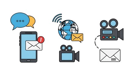 Illustration of communication devices including smartphone, globe, and video camera icons