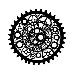Intricate gear mechanism silhouette isolated on white background