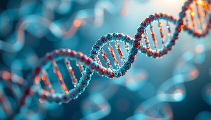 A detailed view of a DNA strand, showcasing the double helix structure with vibrant colors and a sense of depth.