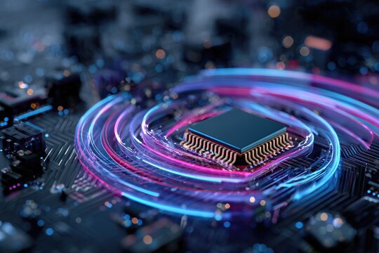 A close-up of a computer microchip with swirling neon light trails, futuristic theme - Powered by Adobe