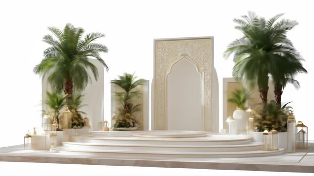 Ornate, white-and-gold Islamic-style stage with palm trees, tiered platforms, archway, and lanterns