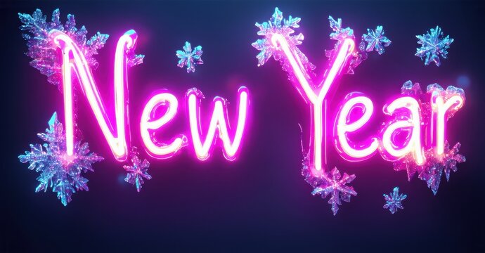 Bright neon text spells New Year. Snowflakes surround words, creating festive holiday illumination. Dark background enhances glow.