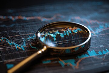 Magnifying glass over fluctuating blue and orange lines on a dark background, a financial concept