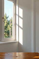 a bright, sunlit room with a view from the window. A wooden table and a touch of nature outside through the window