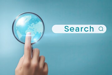 Hand holding magnifying glass over Earth globe, searching on blue background