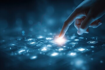 Close-up of a finger touching a glowing interface with various technological icons, creating bokeh