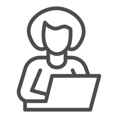 Manager girl with new laptop line icon, cyber monday concept. Vector graphics. Woman of tech engineering, avatar sign on white background, outline style icon for mobile or web design.