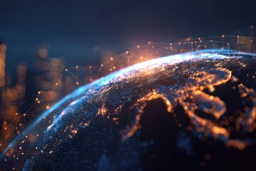 Digital globe glows with interconnected networks, city lights glimmering in the background