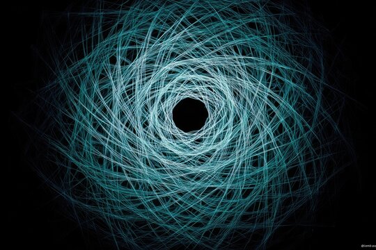 Geometric teal and white spiral pattern emanates from the center on a dark background