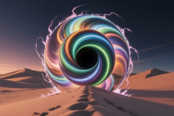 A swirling vortex of colorful light and energy appears in a desert landscape with sand dunes and a twilight sky