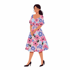Flat Style Detailed Illustration of Woman in Floral Midi Dress