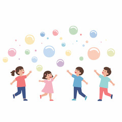 Fototapeta premium Cheerful Cartoon Young Children Playing with Colorful Soap Bubble Illustration