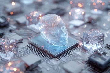 Abstract digital art, a glowing translucent head atop a circuit board with crystal-like elements