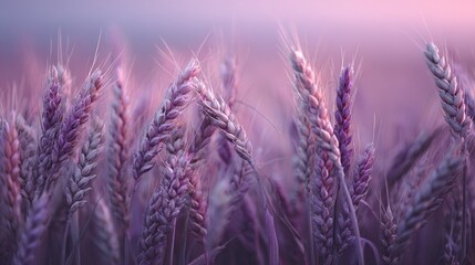Fototapeta premium Close-up of purple and white wheat in a field under a pink sky