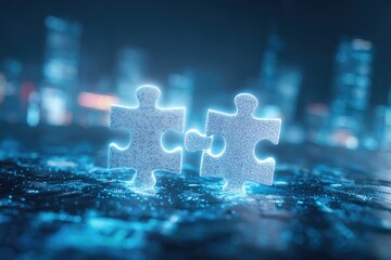 Two glowing puzzle pieces connecting, against a blurred cityscape background