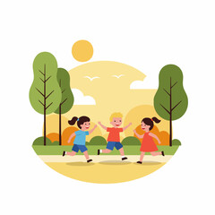 Obraz premium Flat Style Children Playing Running Joyfully in the Park Illustration
