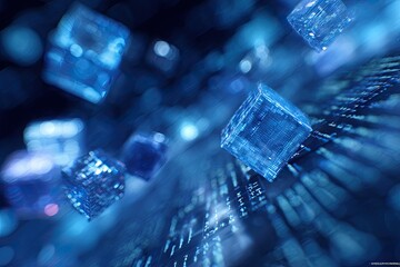 Abstract image of crystalline cubes floating in a blurry, blue, digitized landscape