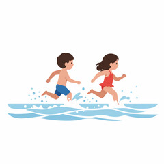 Cute Cartoon Children Running on Water Illustration Summer Activity Fun