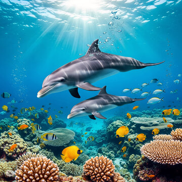 Two dolphins, mother and her baby gracefully swim in the crystal clear turquoise water of the ocean above a coral reef