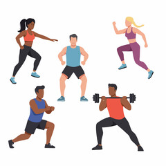 Flat Style Diverse People Doing Fitness Exercise Workout Illustration